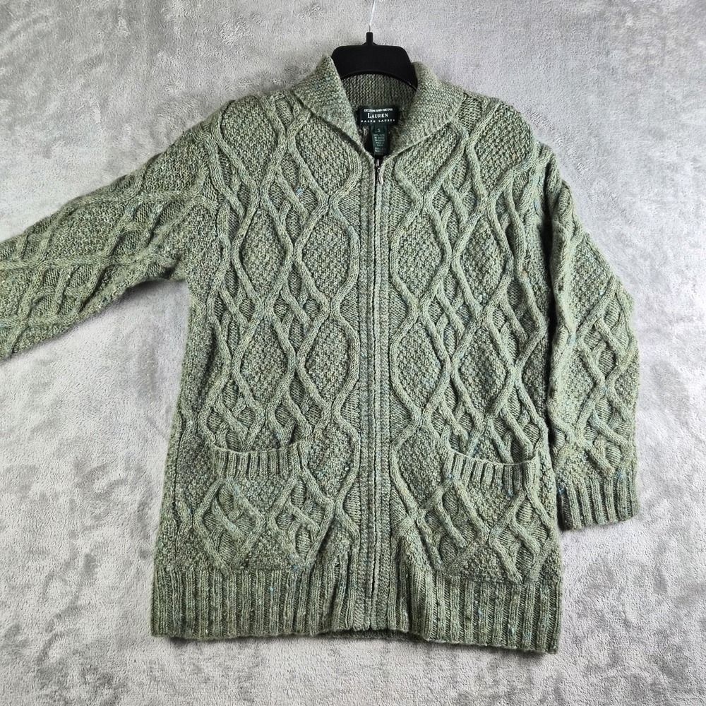 Lauren Ralph Lauren‎ Cardigan Small Green Cable Knit Wool Hand Knitted Full Zip
